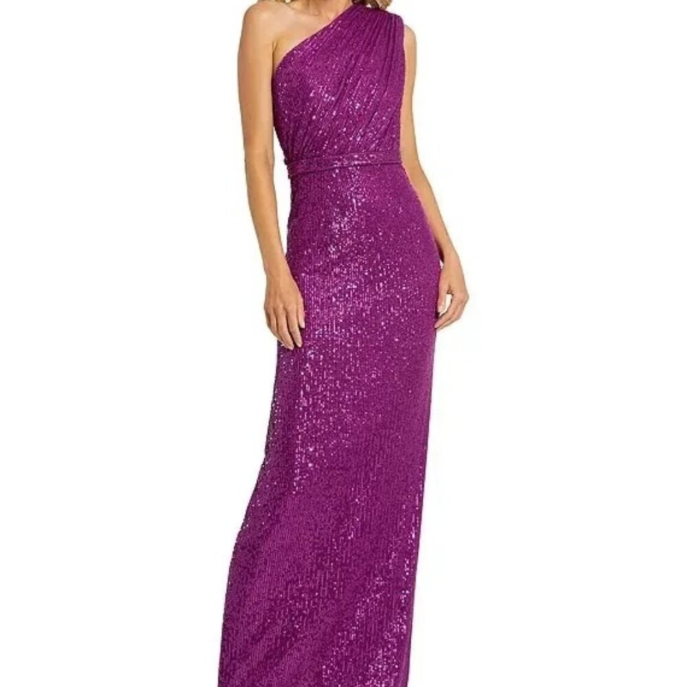 Mac Duggal Sequined Ruched One Shoulder Purple Gown Long Prom Occasion Dress